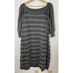 NWT Roz & Ali Sweater Dress Puff Sleeves Gray Cream Black Stripe 22 24 New